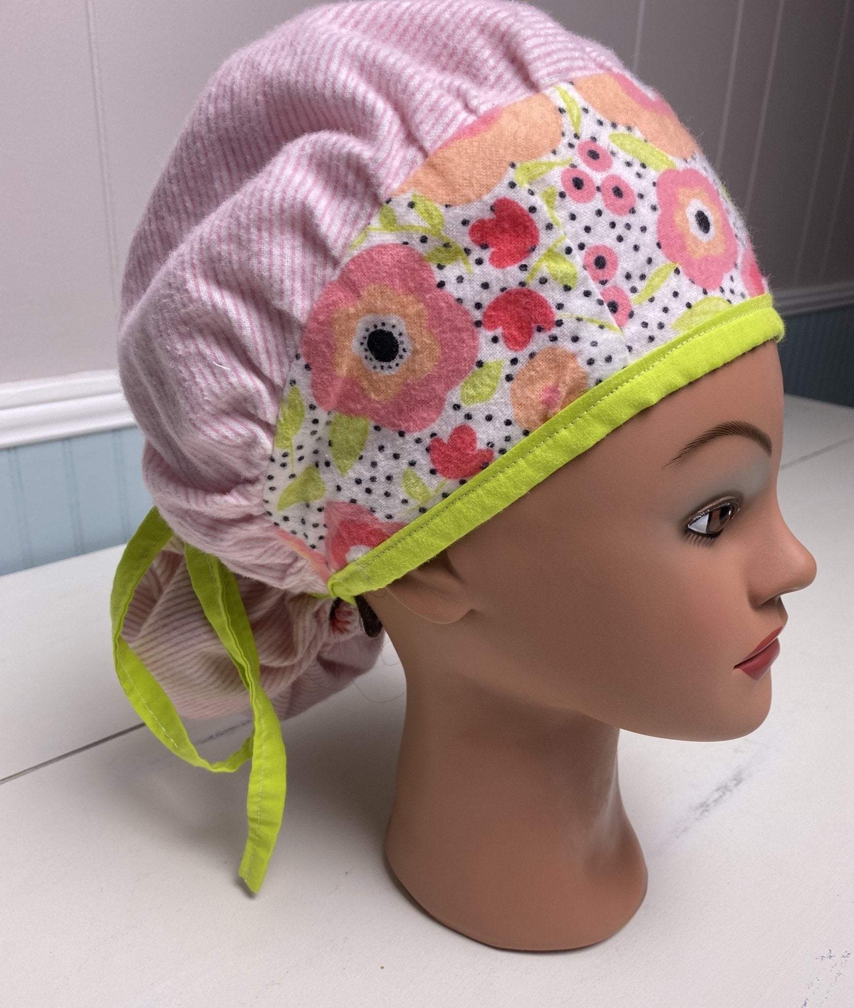 Bouffant Scrub Cap with Pony Tail- Flowers and Stripes - The Southern Nest
