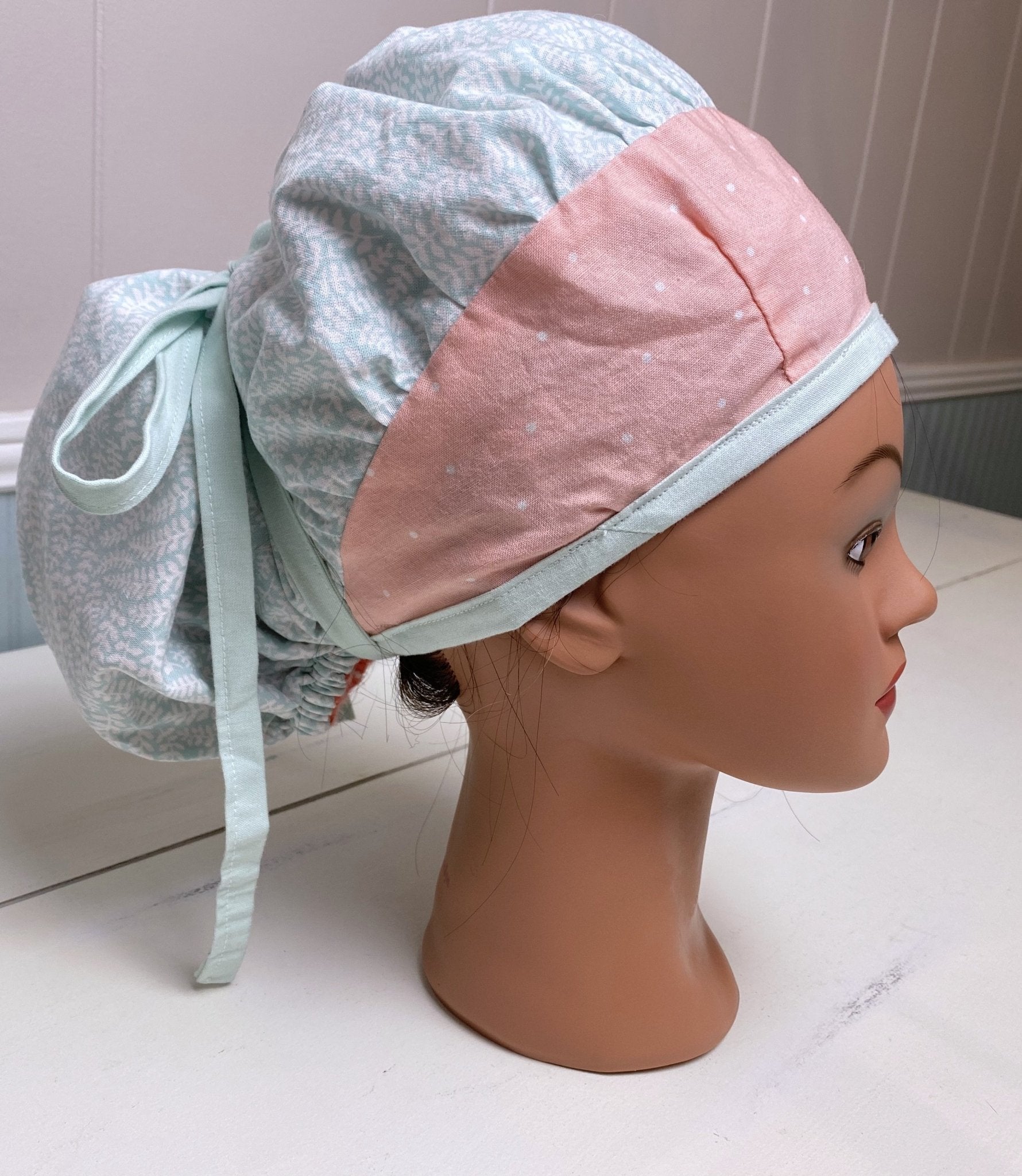 Bouffant Scrub Cap with Pony Tail- Painted Floral and Dots - The Southern Nest